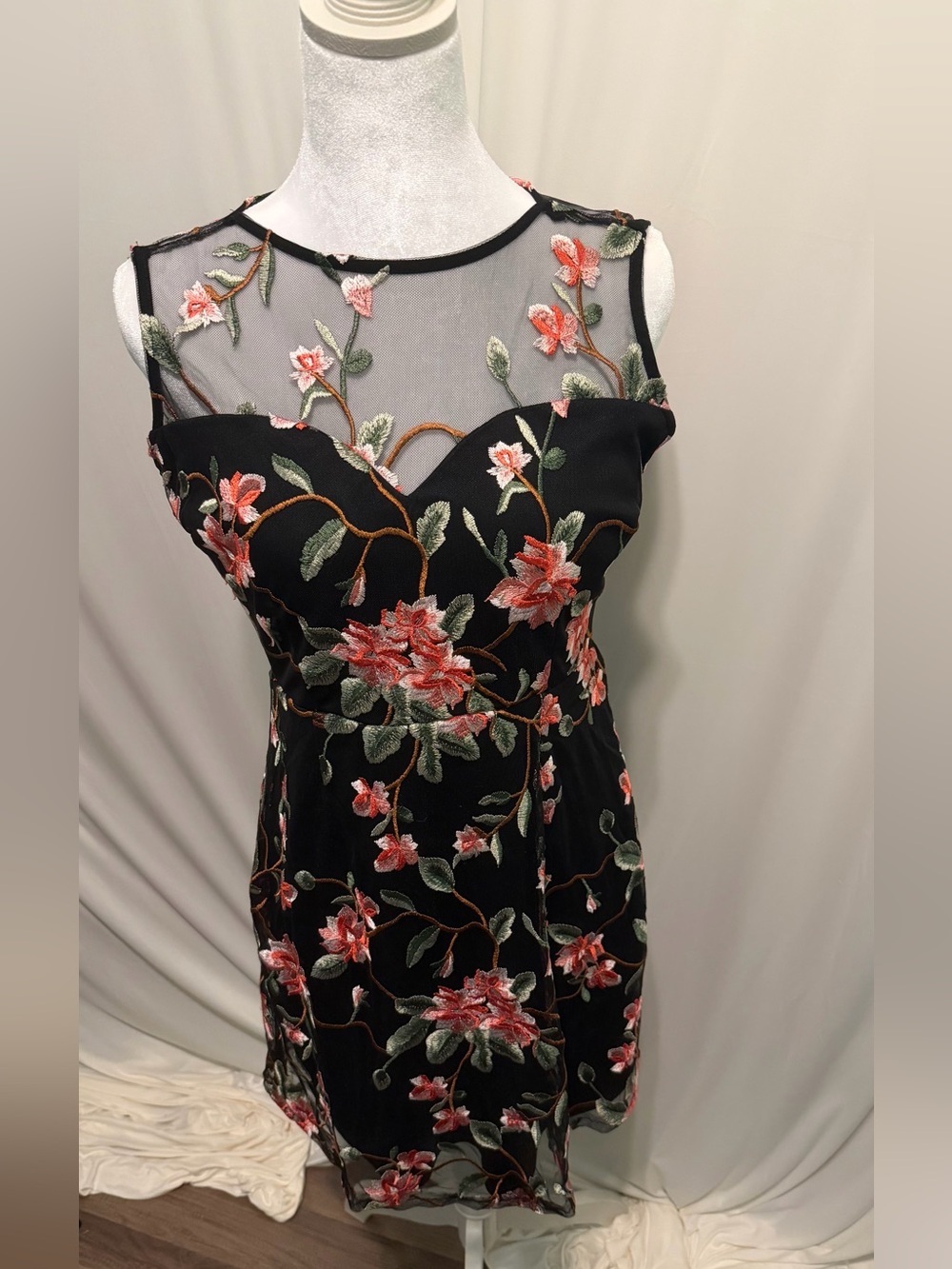Lulu's Black Mini Dress with Pink Floral Embroidery